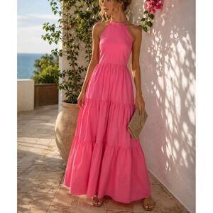 Glamorous London Pink Halter Maxi Dress NWT Tiered Summer Barbiecore US 6